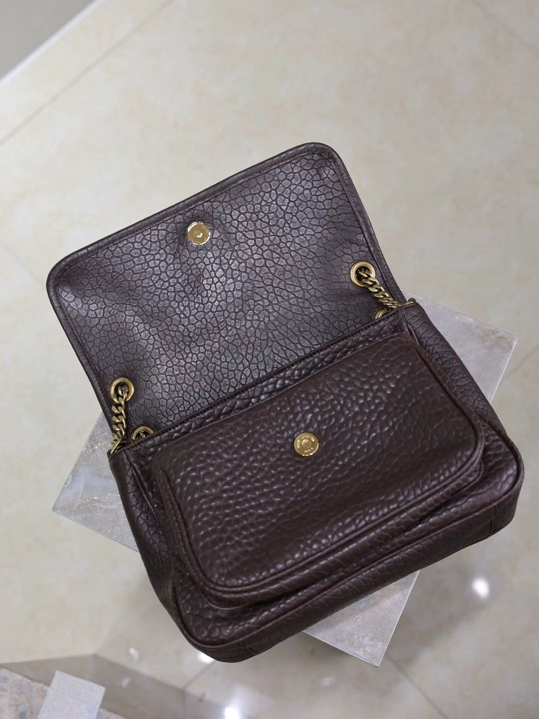 Saint Laurent Coffee Brown Elephant Grain Bag with Gold Hardware 