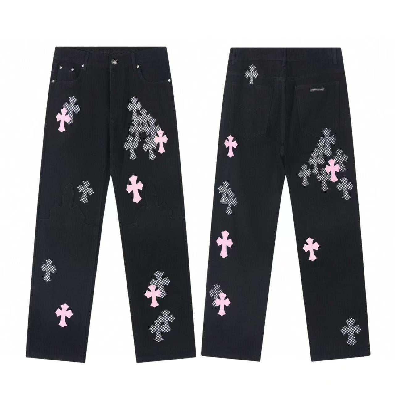 CHROME HEARTS PINK & CHECKERED CROSS PATCH FLEURKNEE JEANS BLACK