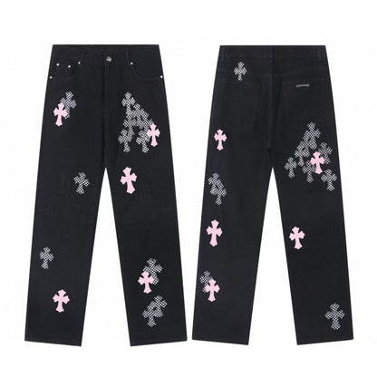 CHROME HEARTS PINK & CHECKERED CROSS PATCH FLEURKNEE JEANS BLACK