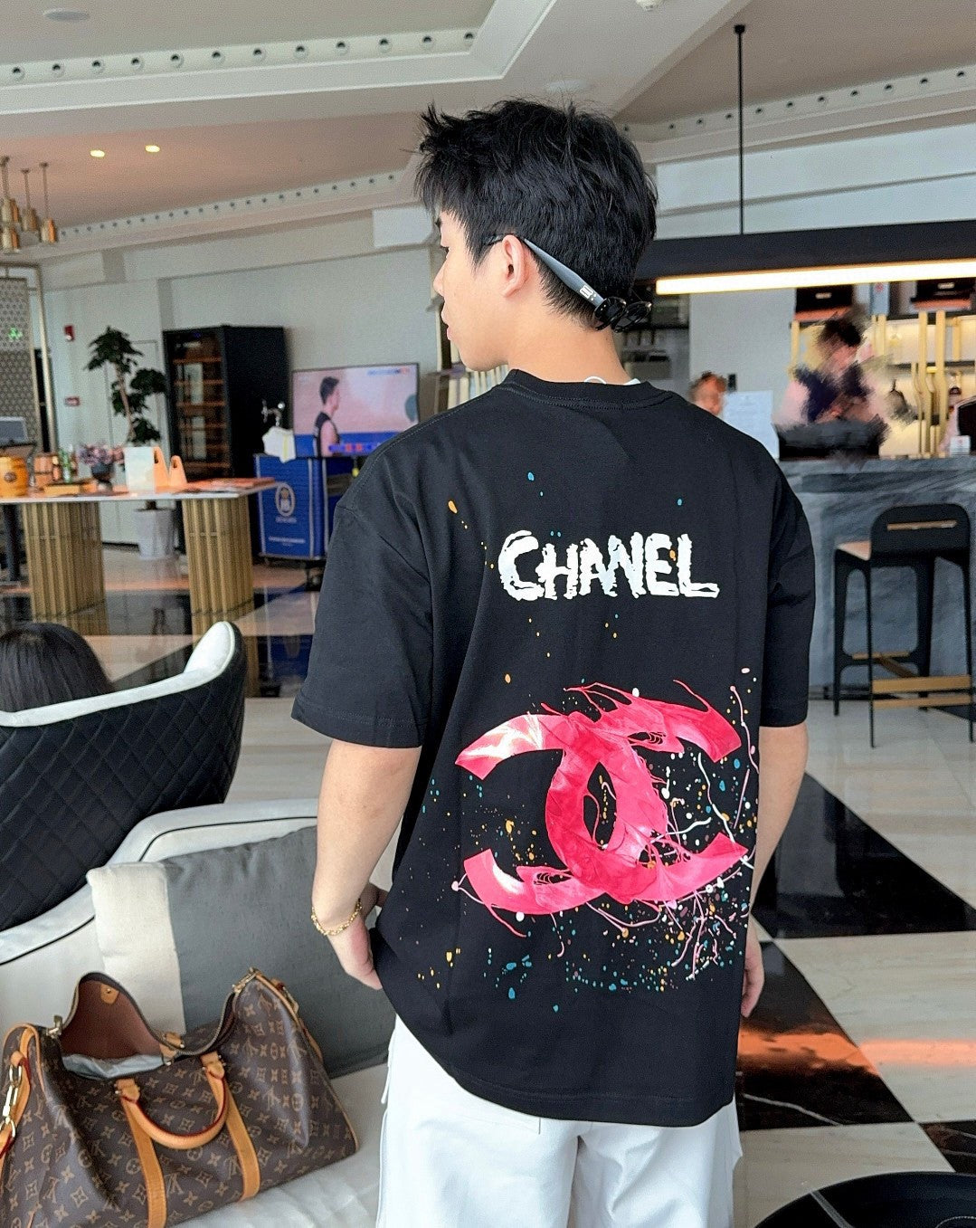 Chanel Pink Splash Logo Black T-Shirt