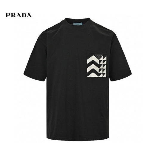 Prada Black T-Shirt with Geometric Pocket Design Primereps