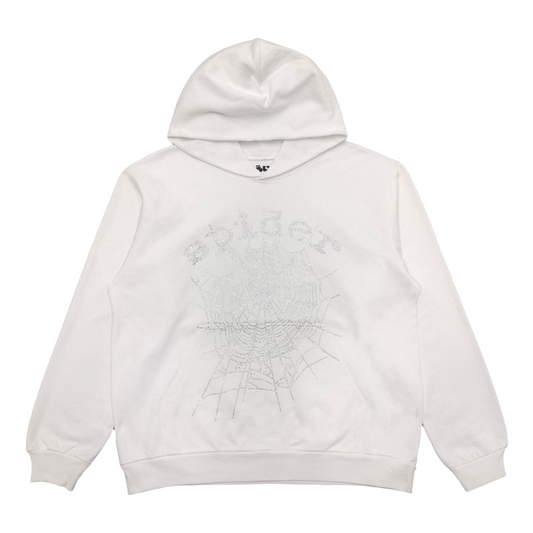 Sp5der OG Rhinestone Logo Hoodie White