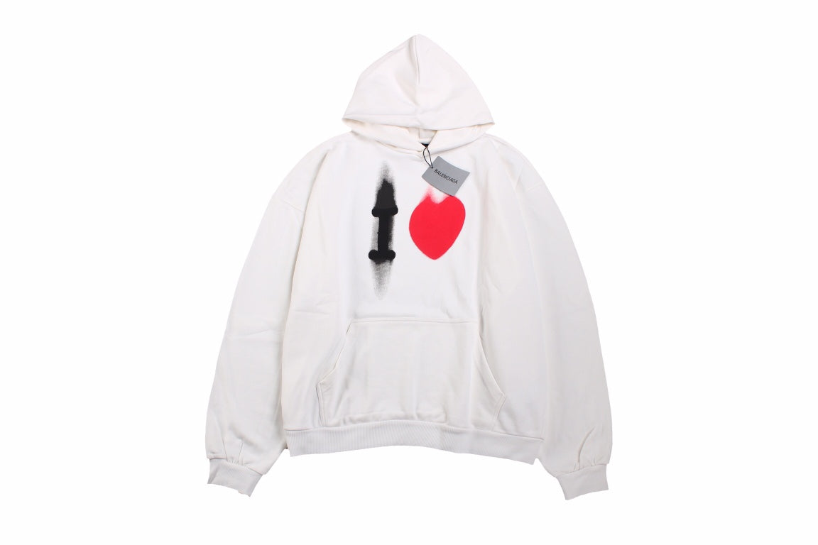 Ba*len*cia*ga white hoodie with "i love" graphic