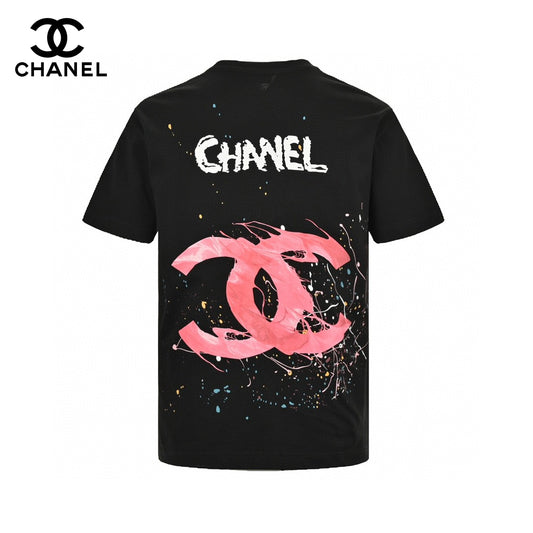 Chanel Pink Splash Logo Black T-Shirt Primereps