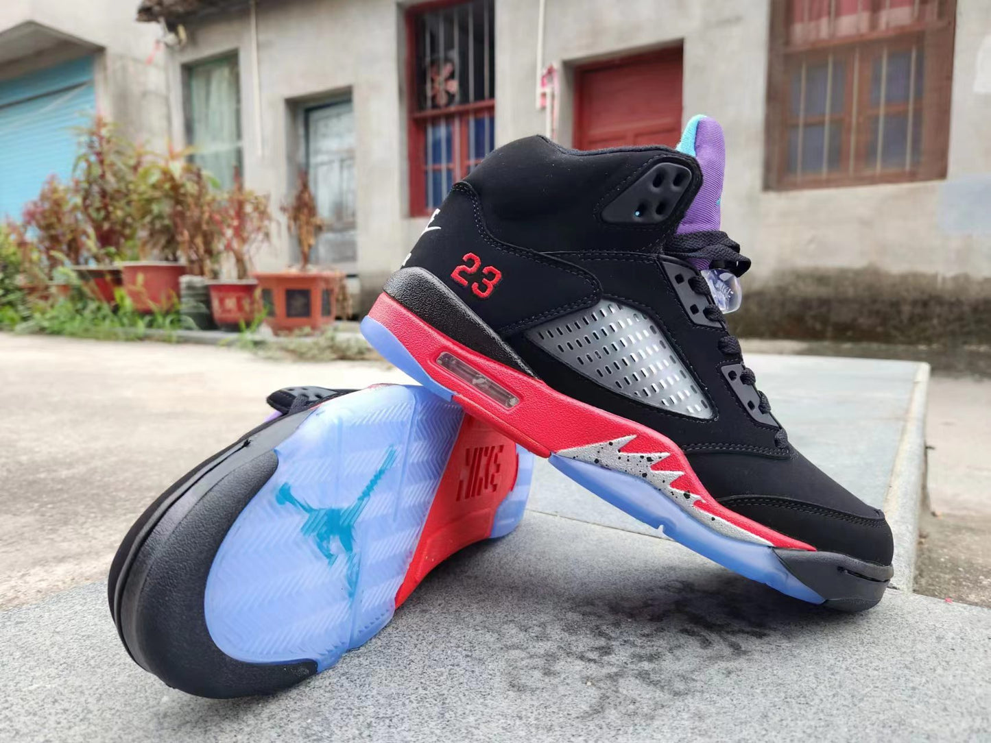 Jordan 5 black, red and purple