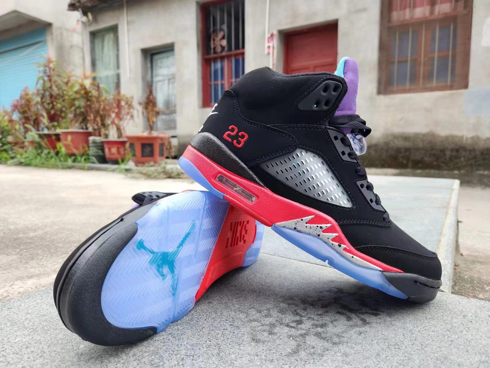 Jordan 5 black, red and purple