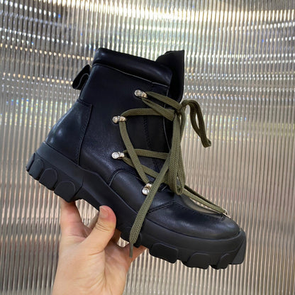 Rick Owens Combat Boots - Black Leather with Olive Laces