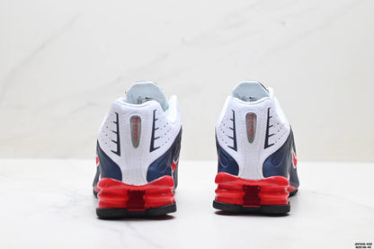 Nike Shox R4 in Blue/White/Red: Futuristic Retro