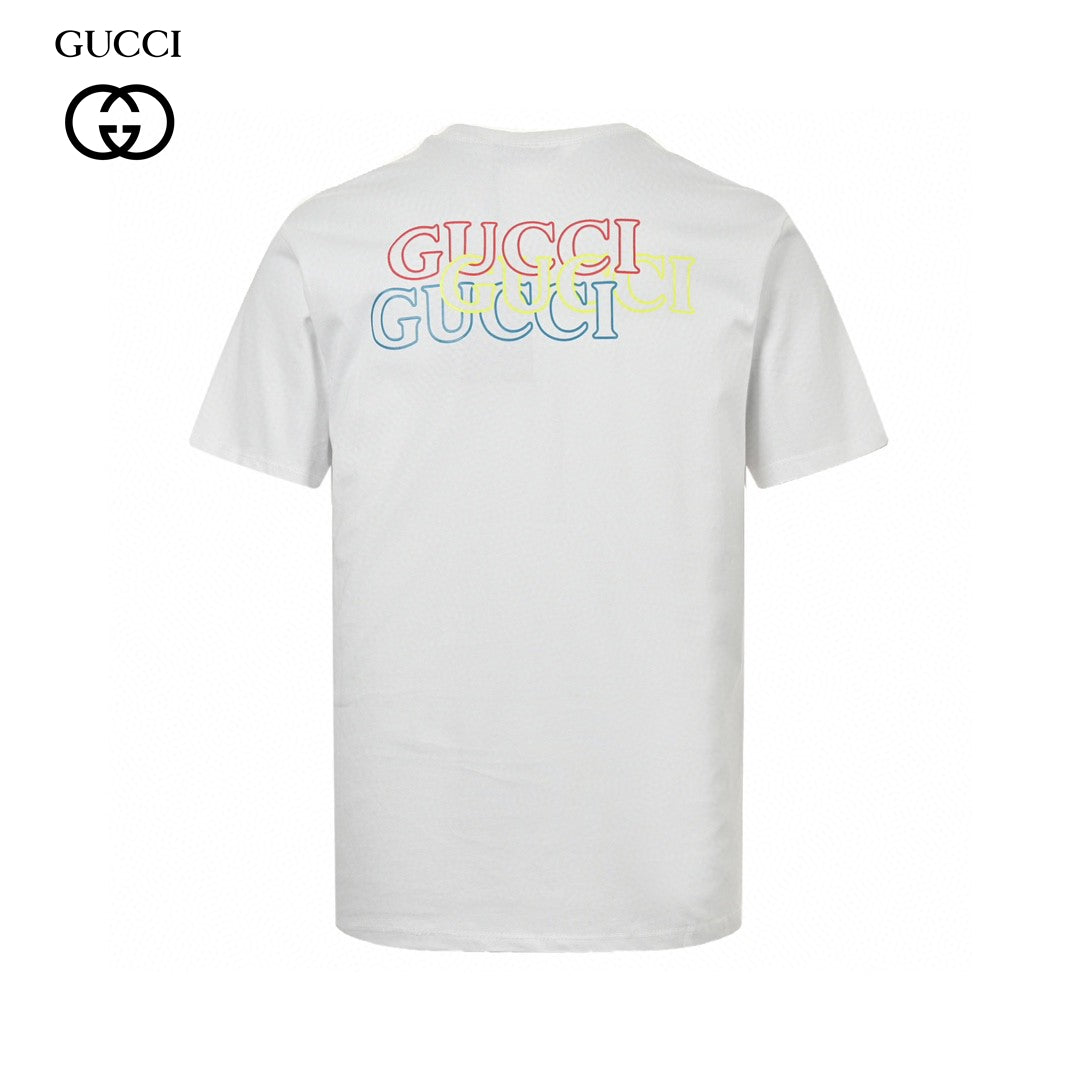 G*u*i white t-shirt with blue vertical logo patch