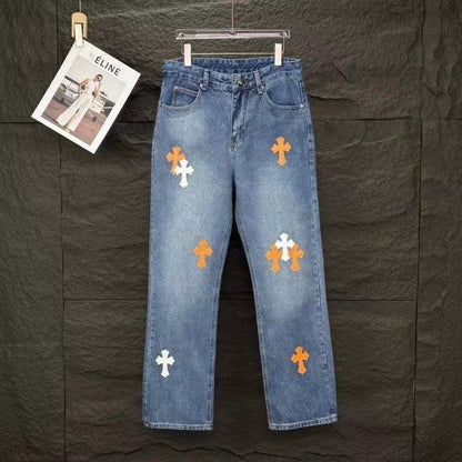 Chrome Hearts Denim Jeans in White, Orange, and Blue