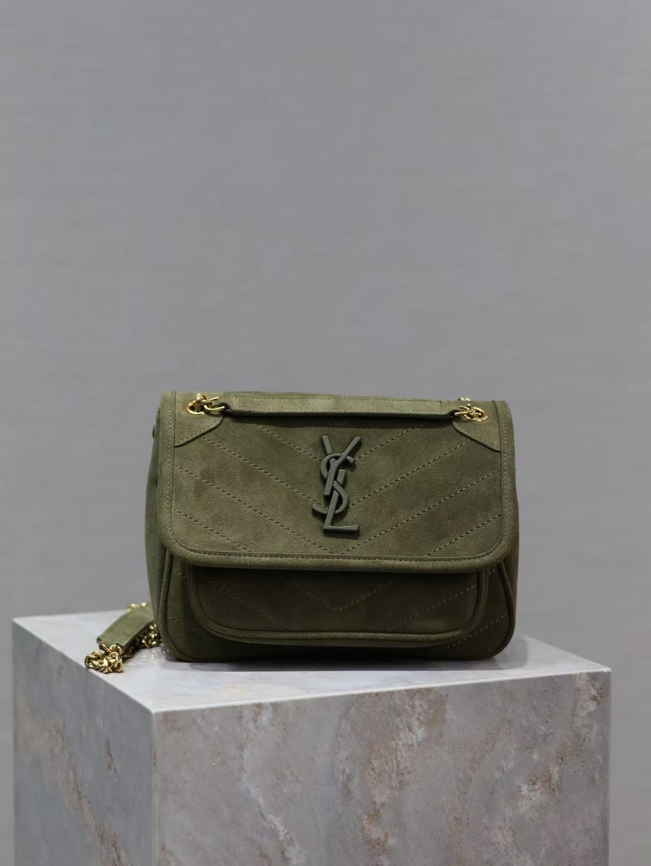 Saint Laurent Army Green Grain de Poudre Bag