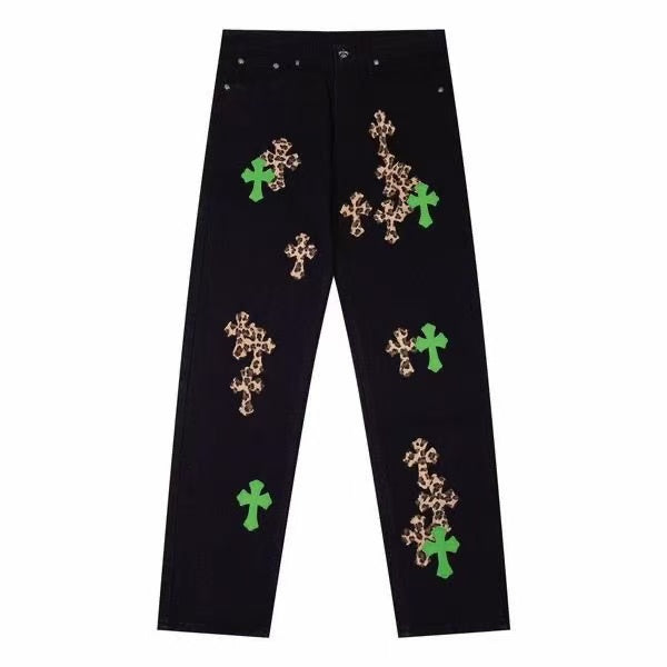 CHROME HEARTS JEANS BLACK GREEN LEOPARD