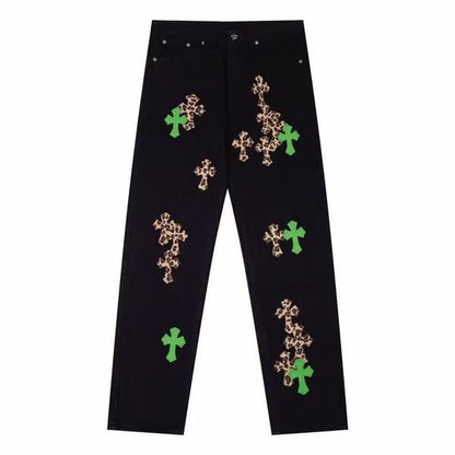 CHROME HEARTS JEANS BLACK GREEN LEOPARD