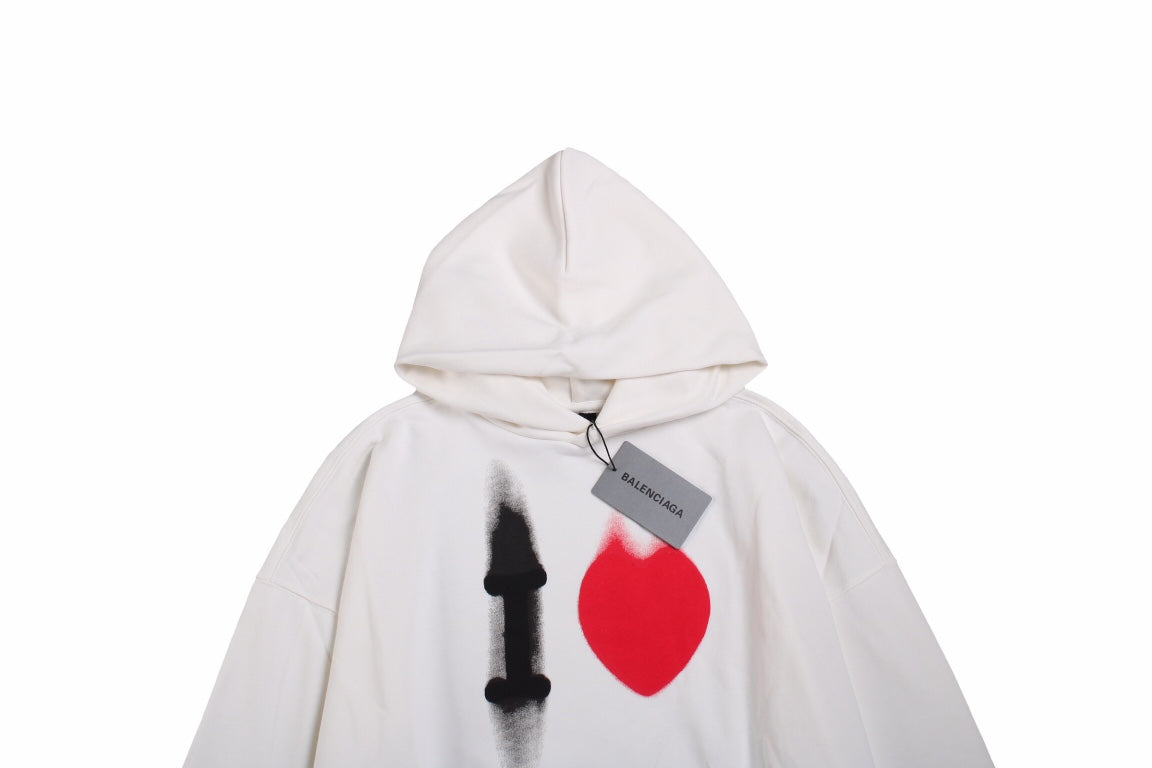 Ba*len*cia*ga white hoodie with "i love" graphic