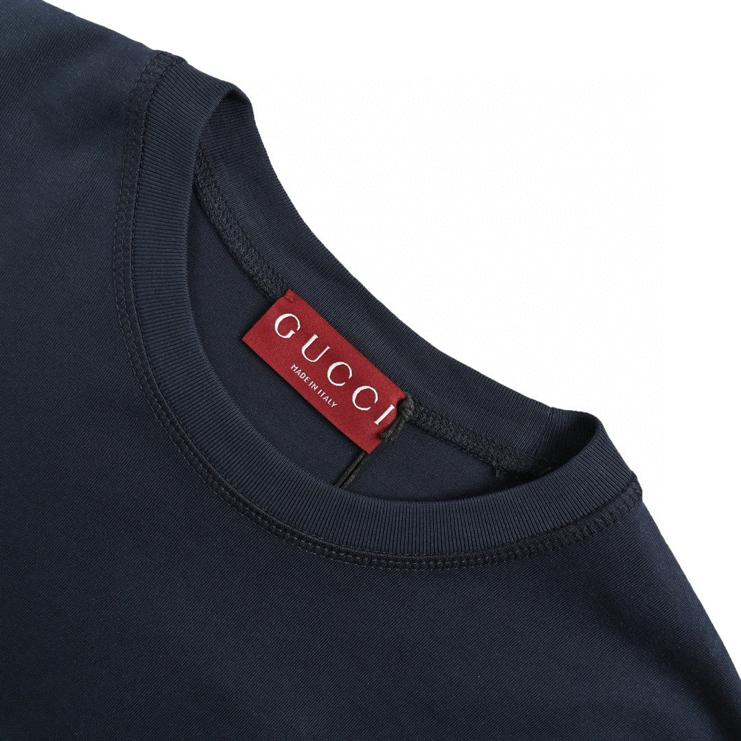 Gucci Navy Blue T-Shirt with Vertical Logo Patch