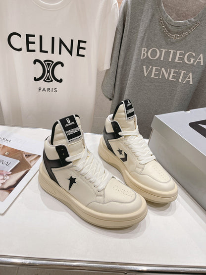 Rick Owens Cream and Black High-Top Sneakers