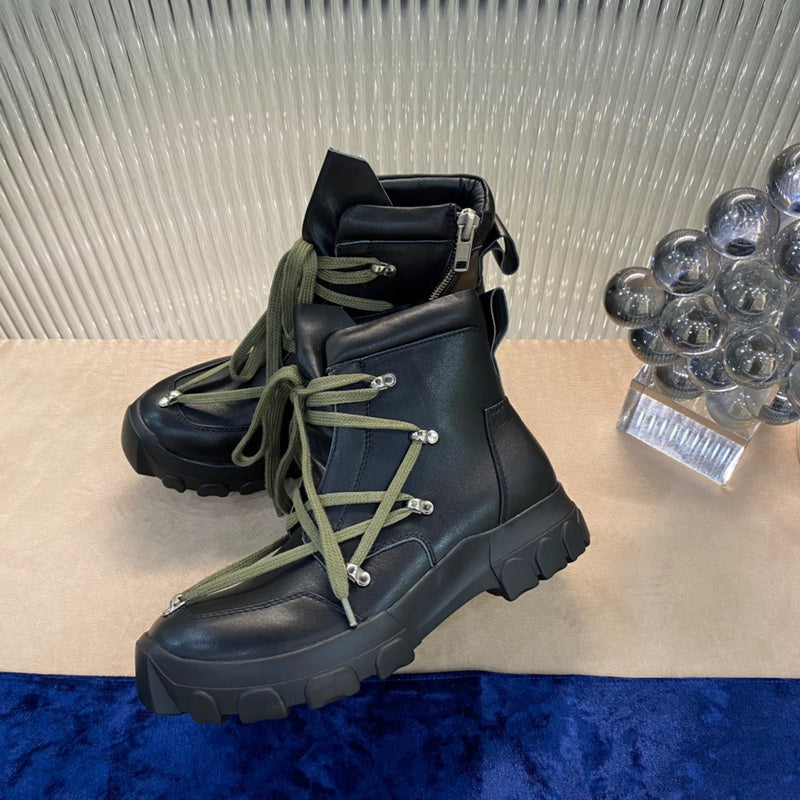 Rick Owens Combat Boots - Black Leather with Olive Laces