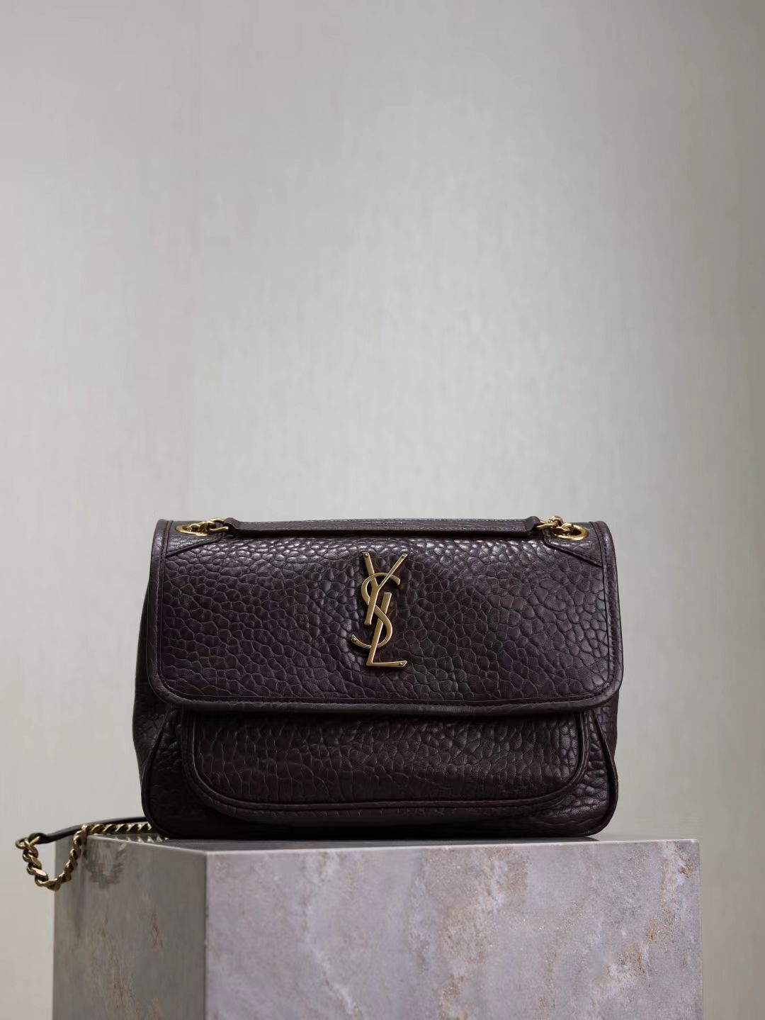Saint Laurent Coffee Brown Elephant Grain Bag with Gold Hardware