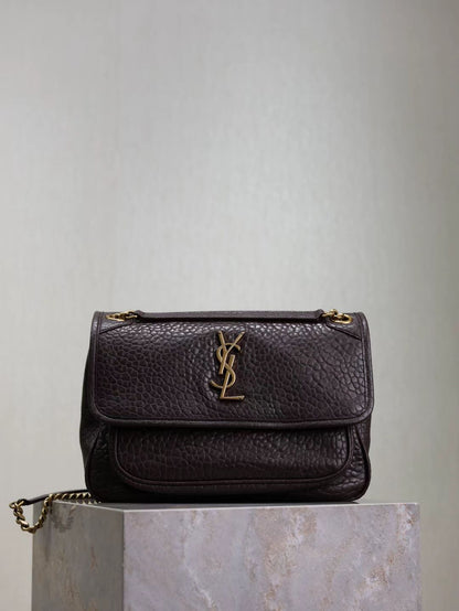 Saint Laurent Coffee Brown Elephant Grain Bag with Gold Hardware
