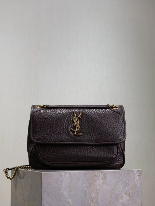 Saint Laurent Coffee Brown Elephant Grain Bag with Gold Hardware