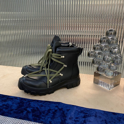 Rick Owens Combat Boots - Black Leather with Olive Laces