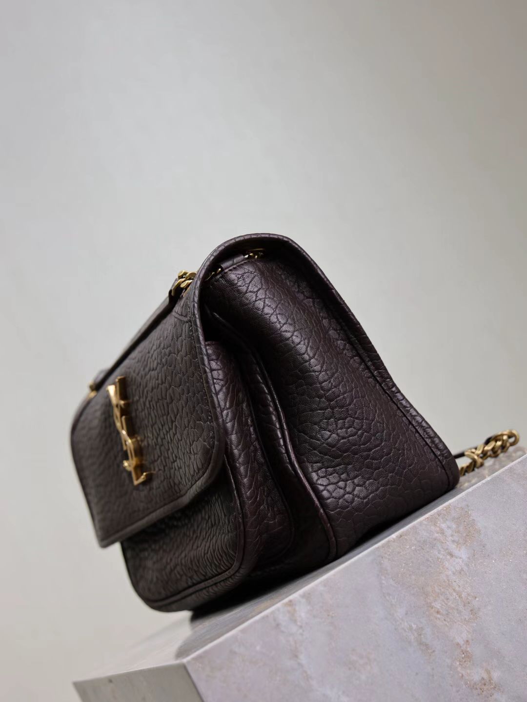 Saint Laurent Coffee Brown Elephant Grain Bag with Gold Hardware