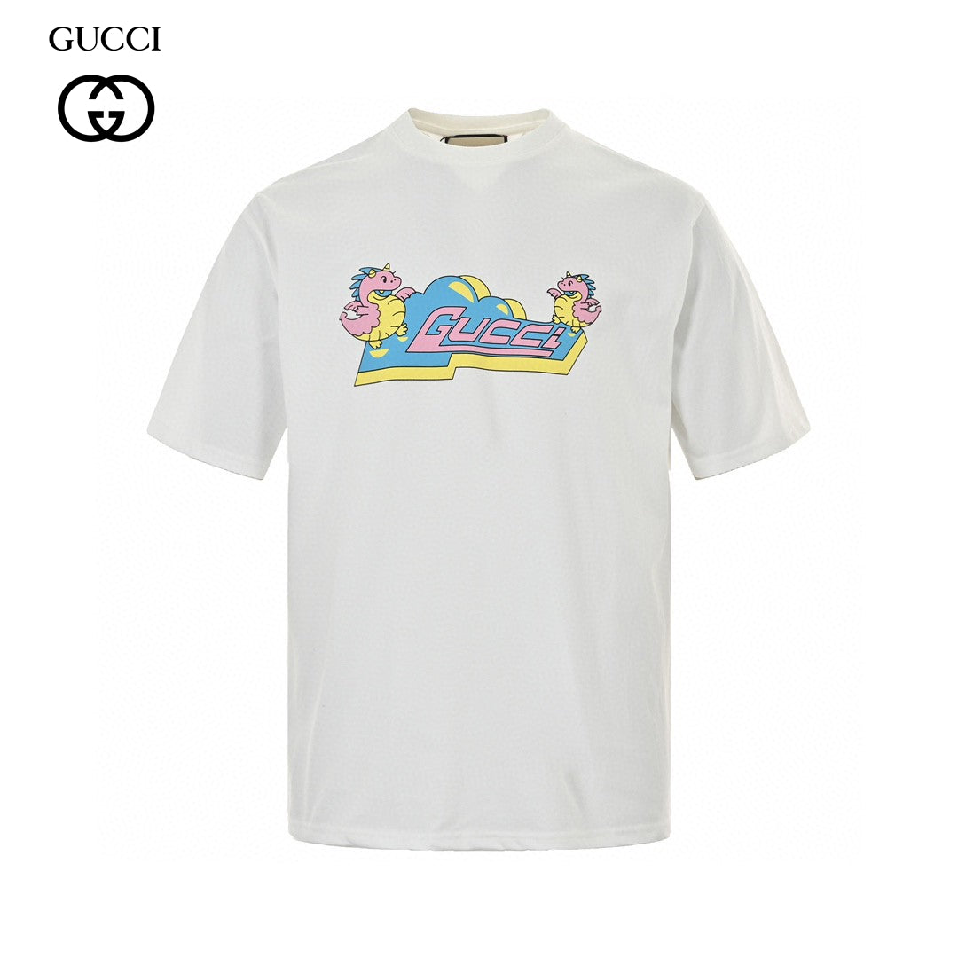 G*u*i white t-shirt with pink dinosaur graphic