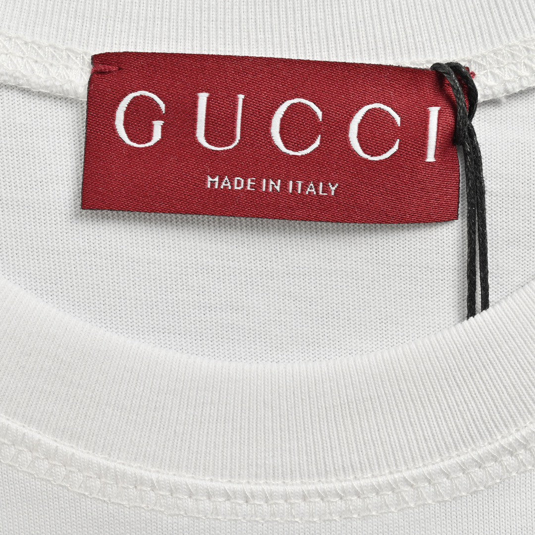 Gucci White T-Shirt with Blue Vertical Logo Patch