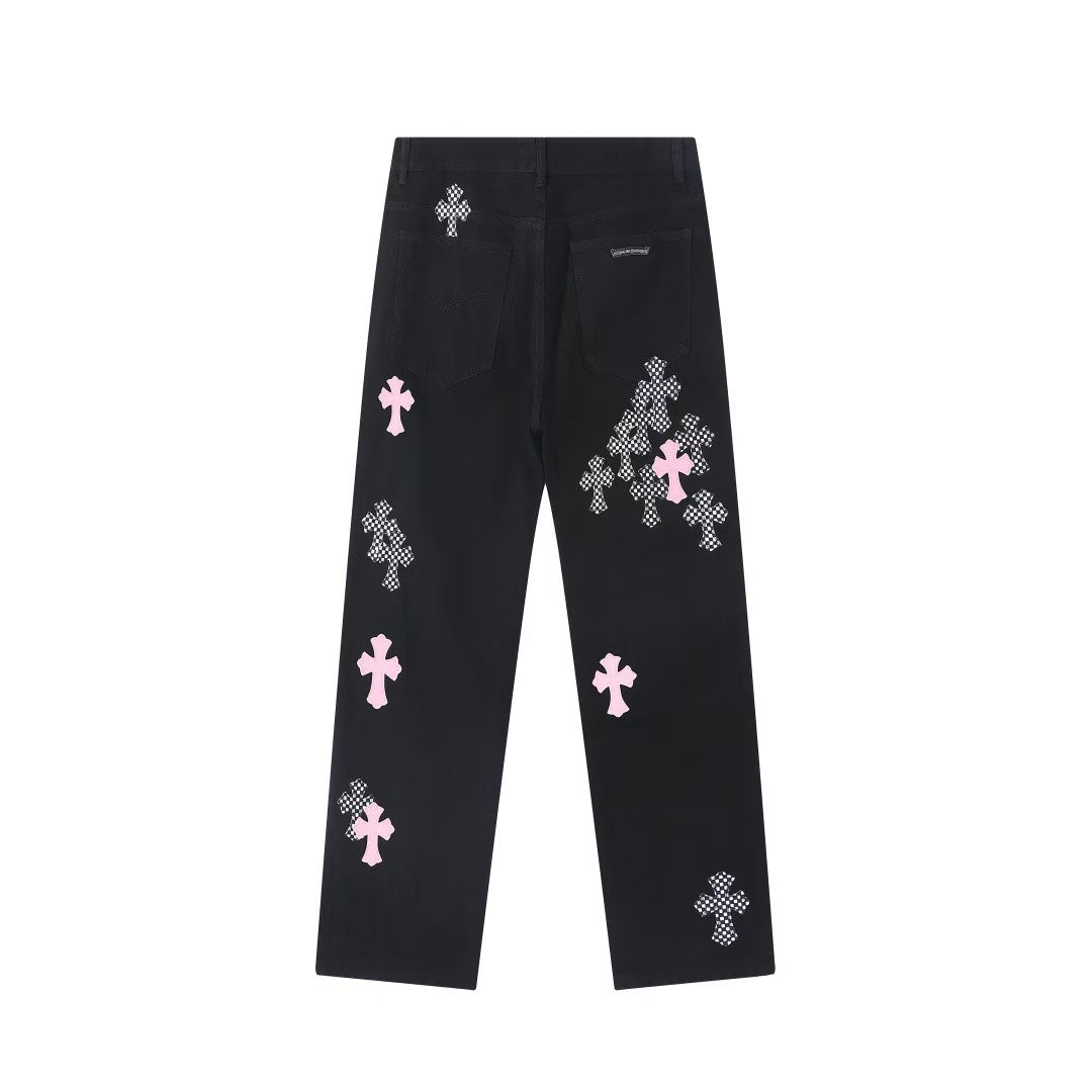 CHROME HEARTS PINK & CHECKERED CROSS PATCH FLEURKNEE JEANS BLACK