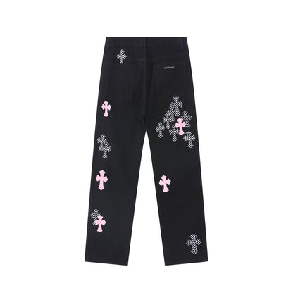 CHROME HEARTS PINK & CHECKERED CROSS PATCH FLEURKNEE JEANS BLACK