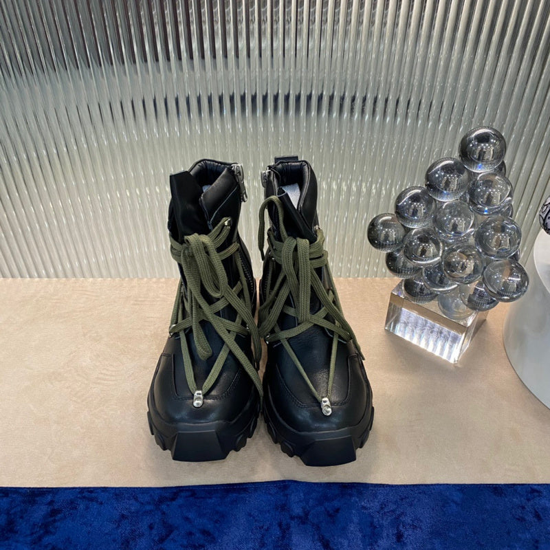 Rick Owens Combat Boots - Black Leather with Olive Laces