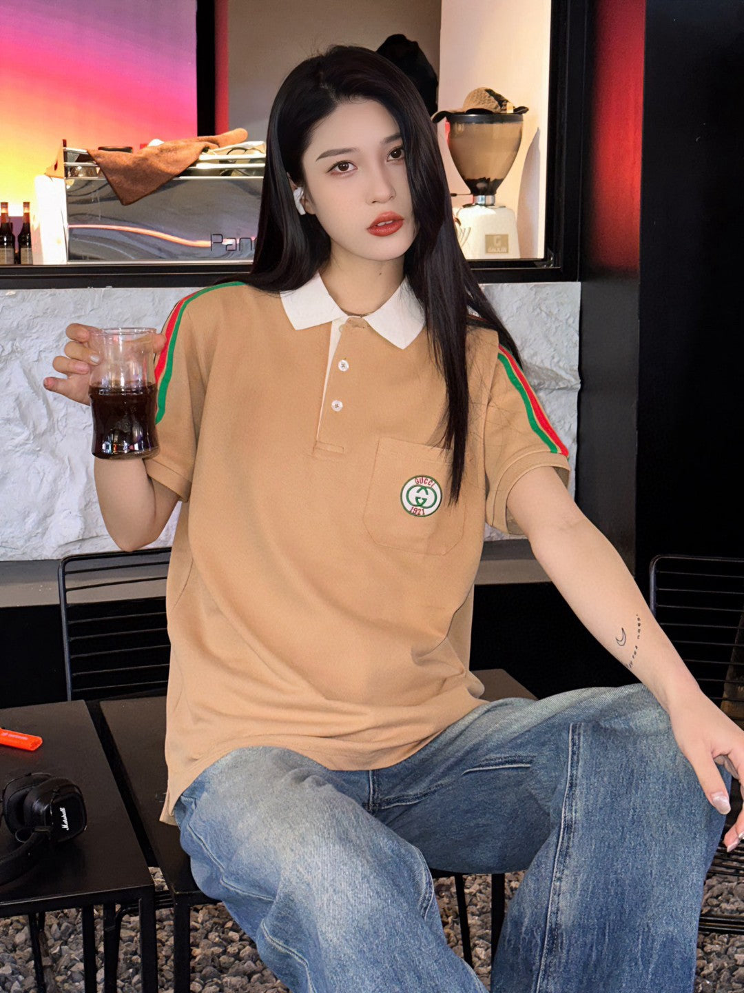 G*u*i stripe sleeve polo shirt