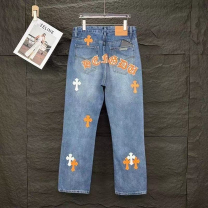 Chrome Hearts Denim Jeans in White, Orange, and Blue