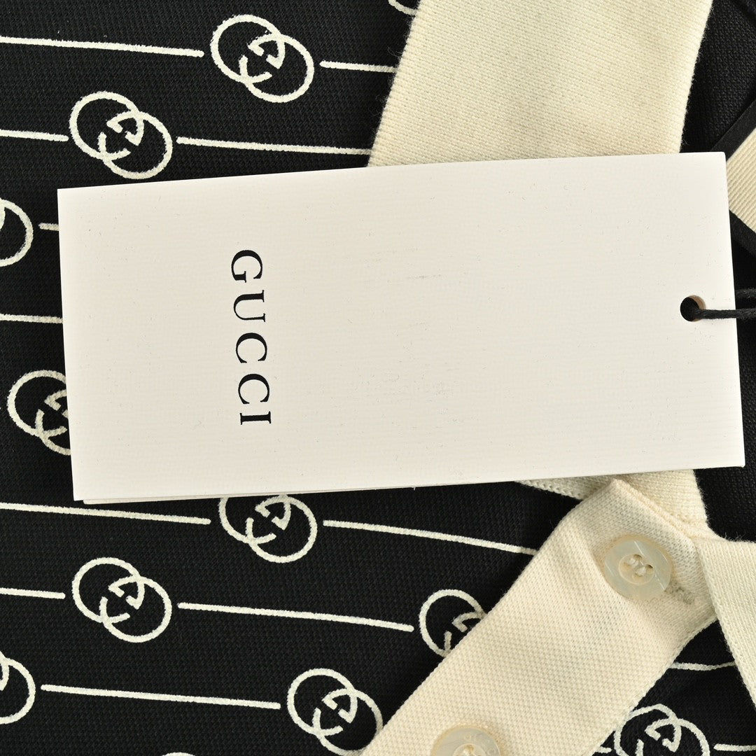 Gucci Black and Beige Patterned Polo Shirt