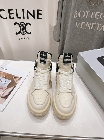 Rick Owens Cream and Black High-Top Sneakers