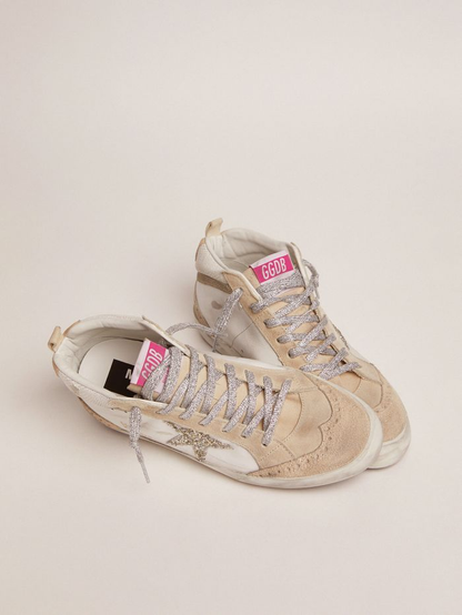 Mid Star Ltd Sneakers With Light Green Glitter Star And Snake-print Leather Insert
