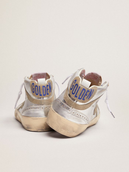 Mid Star Sneakers In Silver Metallic Leather With Star And Flash In Dove-gray Suede
