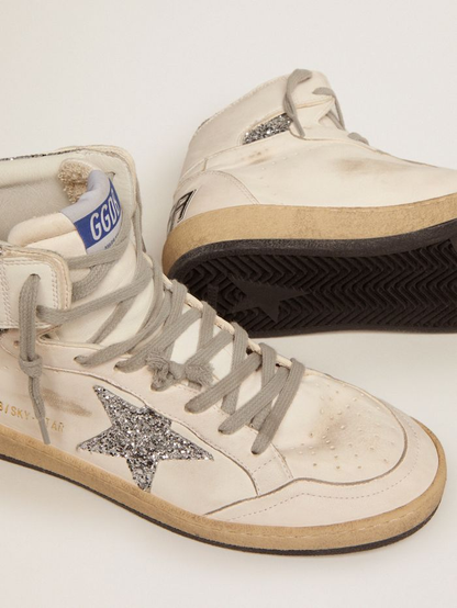 Sky-star Sneakers With Signature On The Ankle And Silver Glitter Inserts