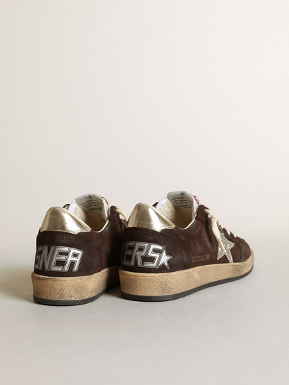 Sneaker Ball Star In Suede Marrone Con Stella In Glitter Platino E Linguetta In Nylon Bianco