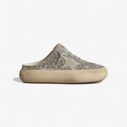Space-star Sabots In Silver Glitter With Ice-gray Suede Star And Tongue