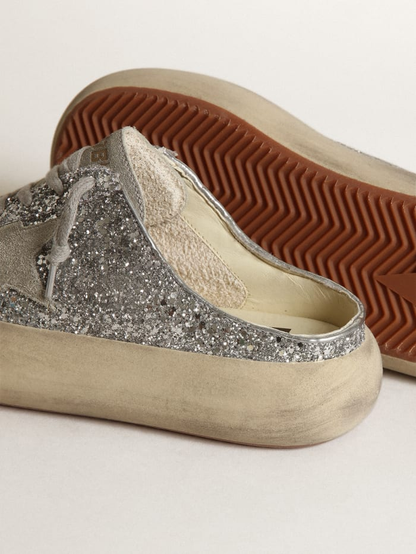 Space-star Sabots In Silver Glitter With Ice-gray Suede Star And Tongue