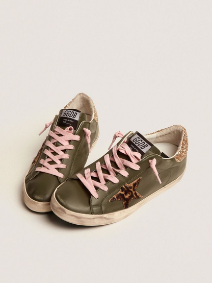 Super-star Sneakers In Dark Green Leather With Gold Glitter Heel Tab