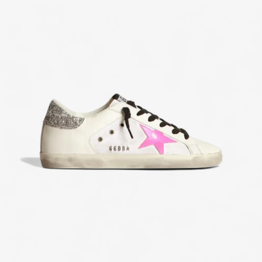 Super-star Sneakers In White Leather And Canvas With Shocking-pink Leather Star And Silver Glitter