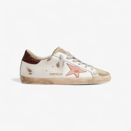 Super-star Sneakers With Brown Glitter Heel Tab And Pink Crackled Leather Star