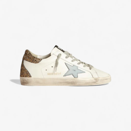 Super-star Sneakers With Light Blue Leather Star And Gold Glitter Crocodile-print Heel Tab