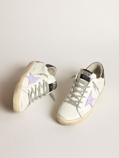 Super-star Sneakers With Lilac Leather Star And Purple Glitter Crocodile-print Heel Tab