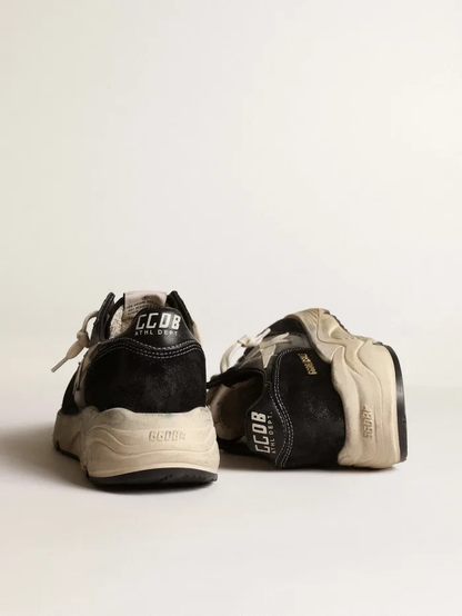 Women’s Running Sole Sneakers in Black Nappa Leather and Suede With White Leather Star