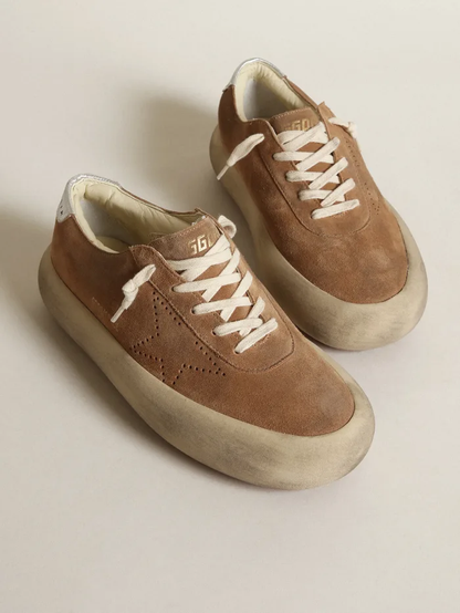 Women's Space-star Shoes In Tobacco-colored Suede With Perforated Star And Silver Metallic Leather