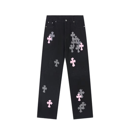 CHROME HEARTS PINK & CHECKERED CROSS PATCH FLEURKNEE JEANS BLACK