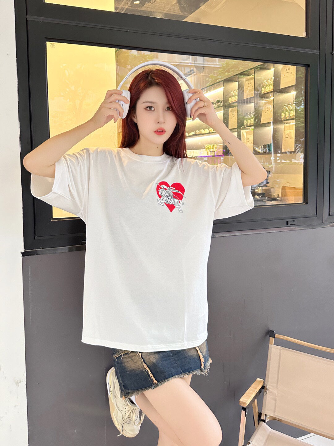 White T-Shirt with Heart and Skeleton Graphic